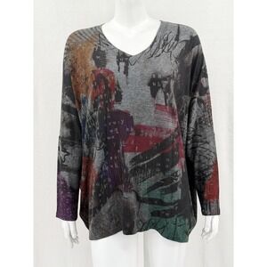 Inoah Top Womens One Size Gray Abstract Artsy Tunic Long Sleeve V-Neck Knit USA